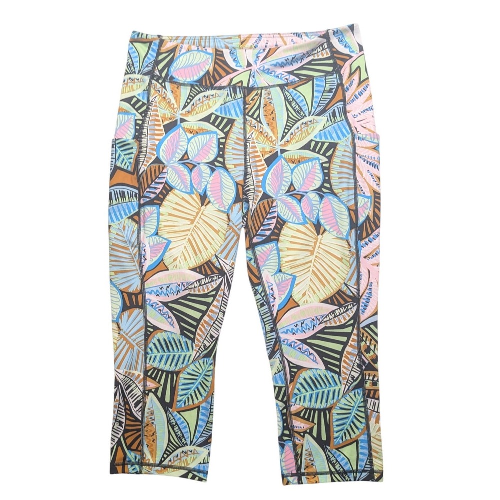 Tek Gear Capri Leggings Womens 1X Multicolor Tropical Leaf Print Side Pockets